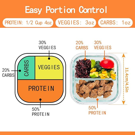 Bariatric Meal Prep Containers, Glass Bariatric Portion Control Containers with Two 4 oz Compartments (3 Pack), 8 oz Reusable Lunch Box Bento Box with Lids, Glass Snack Containers with Lids