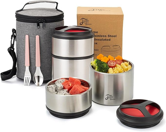 Lille Home 1500ml Thermos Food Flask, Vacuum Insulated Stackable Stainless Steel Thermal Lunch/Snack Box, 2-Tier Bento/Food Container with Lunch Bag (Red)