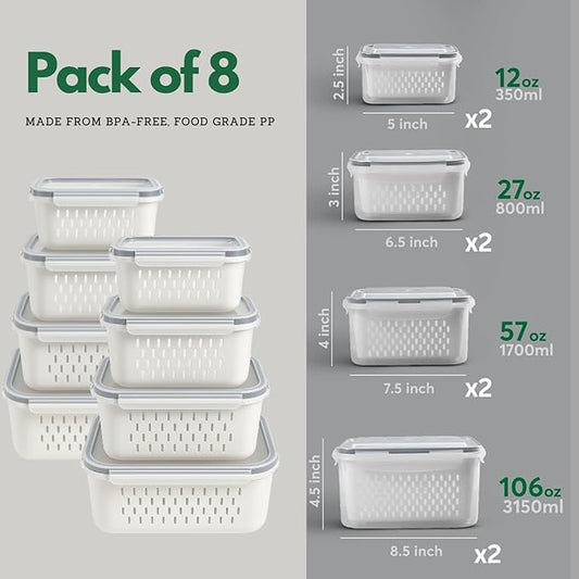 8 PCS Fruit Storage Containers for Fridge with Colanders Dishwasher Safe, Leakproof Fruit and Vegetable Storage BPA-Free Plastic, Produce Storage Keep Berry Fruit Veggie Meat Fresh