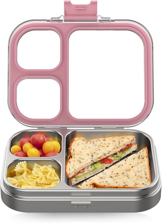 Stainless Steel Lunch Box, 3 Compartments Metal Bento Box for Kids Adults, Leak-Proof Lunch Box for School Office, Dishwasher Safe, BPA-Free, Tritan Lid, Pink