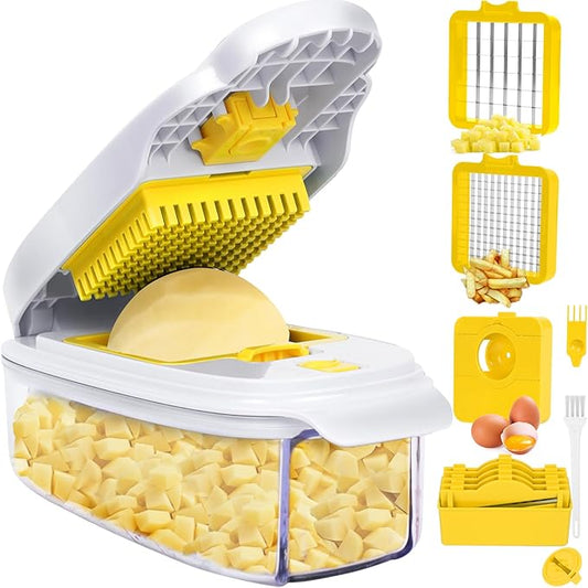 14-in-1 Vegetable Chopper Multi-Function Slicer with 2mm Thin Cut, Egg Separator, Crinkle Blade & Quiet Motor for Low-Carb Cooking (White & Yellow 8 in1)