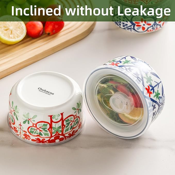 Ceramic Bowl with Lid: Microwave Safe Soup Containers Set of 4 for Meal Prep, Cereal, Salad, Picnic, Camping, Office Lunch, Kitchen Food Storage - 5 Inch, 20 oz, Design A