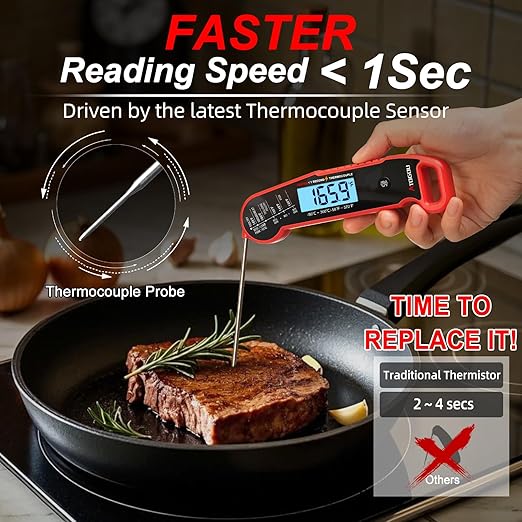 Professional Food & Meat Thermometer, 1 Sec Instant Read & ±0.5℉ Accuracy Driven by Thermocouple Sensor. IP67 Waterproof Digital Thermometer for Cooking, BBQ, Grilling. Gifts for Him Dad. Red
