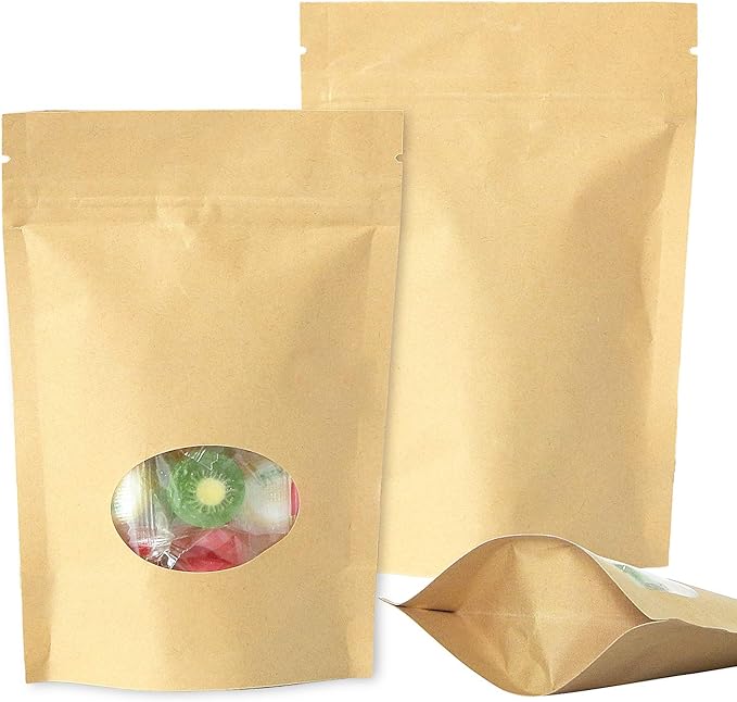SumDirect Kraft Paper Bags, Zip Lock Stand-up Reusable Sealing Food Pouches with Transparent Window and Tear Notch for Storing,Cookie,Dried Foods,Snack,4.3x 6.2 Inches,1.5oz,Pack of 50