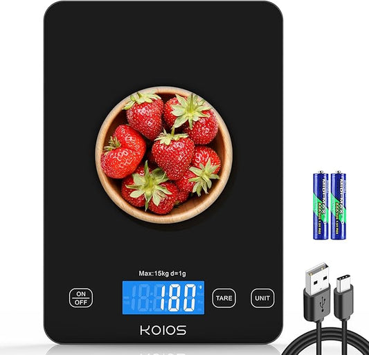 KOIOS Food Scale, 33lb/15kg Digital Kitchen Scale Weight in Grams and Ounces for Cooking Baking, 1g/0.1oz Precise Graduation, Batteries and Type-C Charging, Tare Function, LCD Display, Black