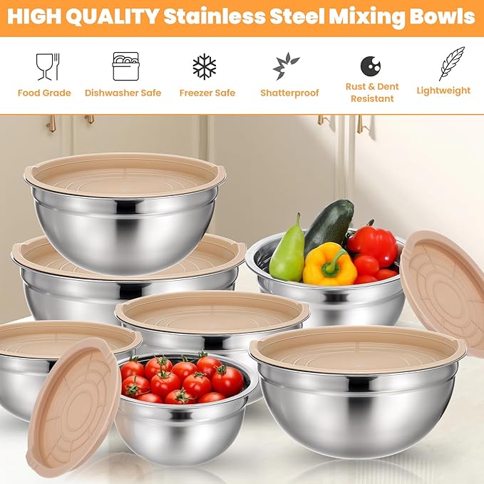 7 Pcs Stainless Steel Mixing Bowls With Lids Set, Stackable Metal Nesting Bowls with Airtight Covers for Cooking, Baking, Serving, Non-toxic & Dishwasher Safe, Size 0.63/1/1.4/2/2.5/3.2/4.2QT