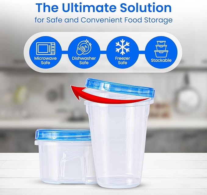 RFAQK 48 PCS Freezer Storage Containers with Twist Top Lids-(32OZ & 16OZ) 24 Plastic Deli Containers with 24 Screw Lids-Soup Freezer Containers for Meal Prep Reusable Box, Lunch and Gym