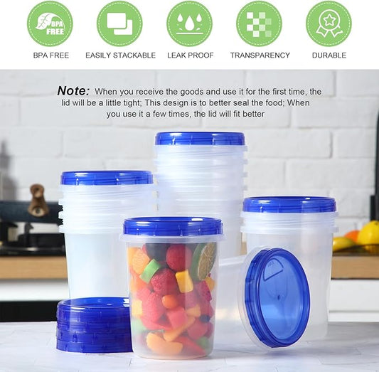 24 Pcs 32 oz Food Storage Freezer Container with Twist Top Lids Reusable Plastic Soup Food Containers with Screw on Lids Leakproof Round Containers for Juice Condiments Fruit Snacks Leftovers(Blue)