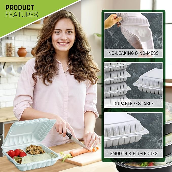 8X8X3 3-Compartment 50 Pcs Plastic Clamshell Takeout Food Trays Heavy Duty Disposable Box For Pasta Salad Sandwich Meal Prep Packaging Catering Hinged Containers With Secure Snap Lid