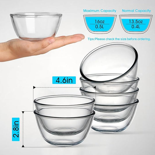 NUTRIUPS 6 Pack Small Glass Bowls Set - 16oz Glass Cereal Bowls for Oatmeal, Ice Cream and Fruit (4.5 inch)