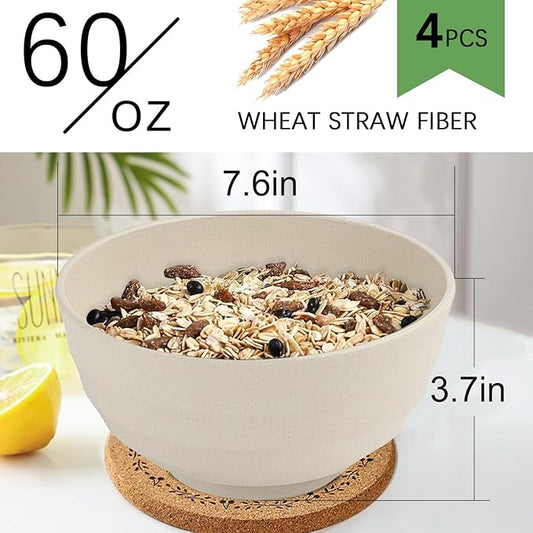 Wheat Straw Bowl Sets,4 PCS Unbreakable Cereal Bowl 60 OZ，Microwave and Dishwasher Safe Bowls,Super Big Bowl Sets BPA Free Bowls for Serving Soup,Oatmeal and Salad Etc…