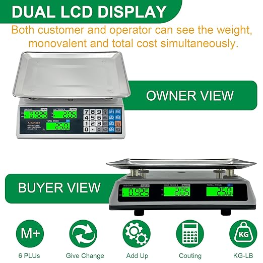 Price Computing Scale 88lb/40kg Commercial Food Scale with Price Calculator, Accurate Counting Platter, Dual LCD Display, Produce Scales for Farmer Market Retail Deli Meat Shopsr Produce Weighing