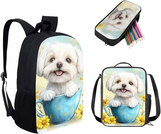 Dolyues Sunflower White Dog Girls BackpackSet: 17 Inch School Bag with Name Tag, Coordinating Lunch Box Bag & Butterfly Pencil Case - Perfect for Birthday & Back-to-School