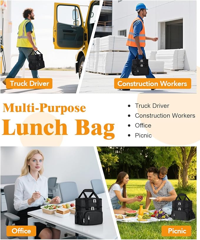 Lunch Box for Men, Double Insulated Lunch Bag Reusable Leakproof Cooler Bag Portable Picnic Food Bag, Adult Lunch Tote Lunch Bag for Work, Construction Worker, Truck Driver, Light Crew-Black