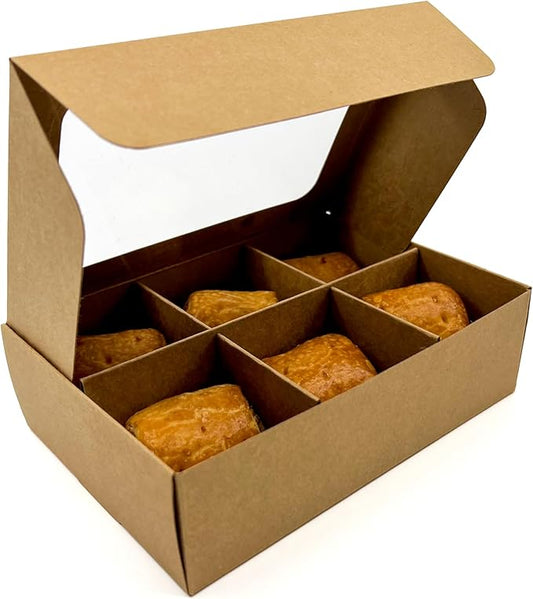 Treat boxes with window and dividers | 6 SMALL compartments | 6.5 x 4.5 x 1.9 in | Chocolate covered strawberries supplies, macaron boxes, baked goods packaging | 20-pack (Kraft)