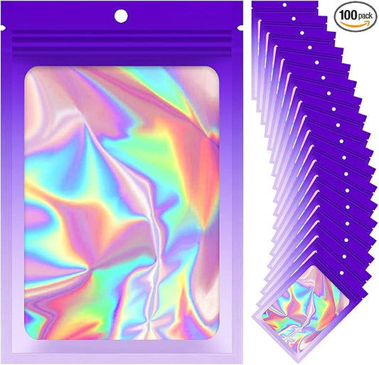 100 Pieces Resealable Mylar Bags, Smell Proof Bags with Clear Window for Food Storage Party Favor Packaging Small Business (Gradient Purple, 4.1×5.9 Inch)