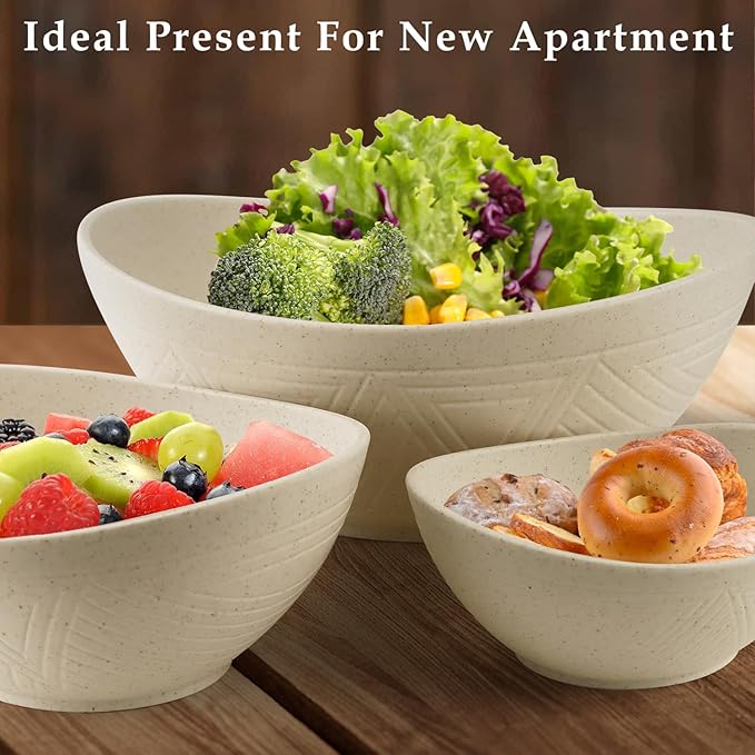 Multi-Size Salad Bowls for Kitchen,Unbreakable and Stackable Wheat Straw Bowls Easy to Clean and Bpa Free,Plastic Bowl Reusable for Camping,Picnic,Hiking and R.V. Beige