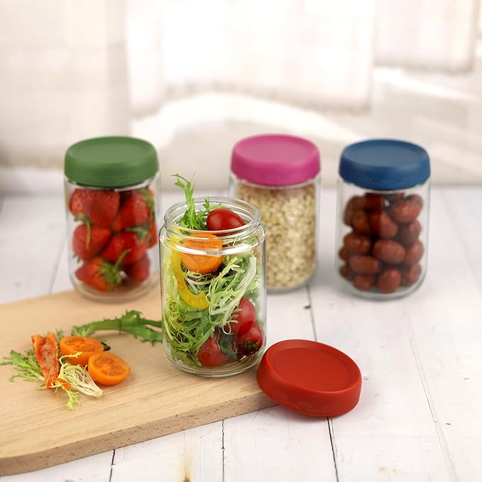 18 OZ Glass Food Jar Storage Containers with Airtight Lids, Reusable Wide Mouth Overnight Oats Glass Mason Jars for Snacks Yogurt Pudding(Multicolor 4pack-1)