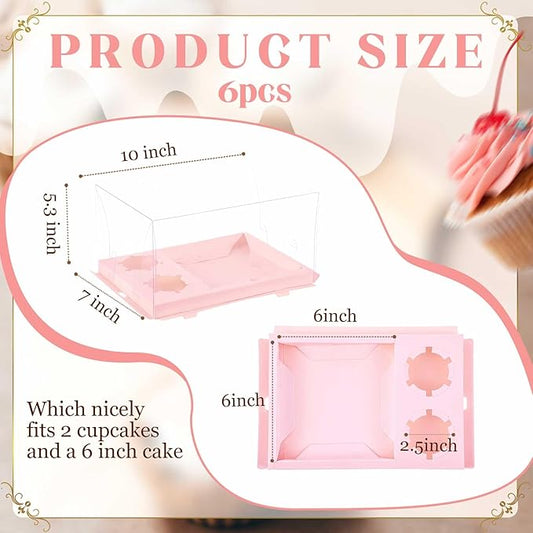 2 Pack Bento Cake and Cupcake Box Fit 2 Cupcakes and 1 Mini Cake for Mother's Day Easter Wedding Birthday Party Bakery Baking Supplies (Pink)