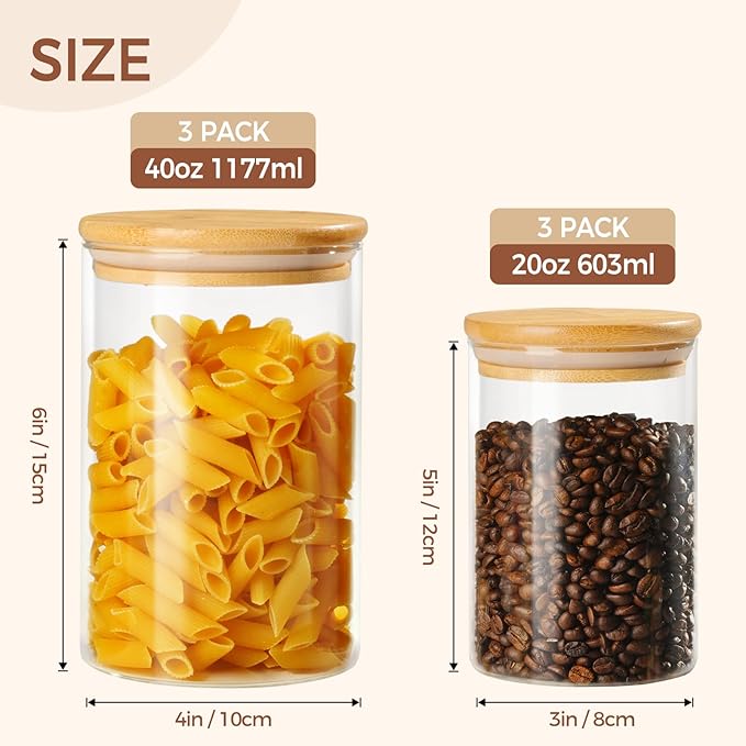 Glass Storage Containers with Bamboo Lids, Includes 3 Set of 20oz Overnight Oats Breakfast Jars, 3 Set of 40oz Food Storage Containers For Cookies Cereal Nuts Coffee Beans (Set of 6)
