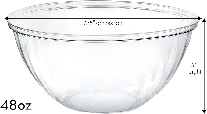 PLASTICPRO Disposable 48 Ounce Round Crystal Clear Plastic Serving Bowls With Lids, Party Snack or Salad Bowl, Chip Bowls, Snack Bowls, Candy Dish, Salad Container Pack of 4