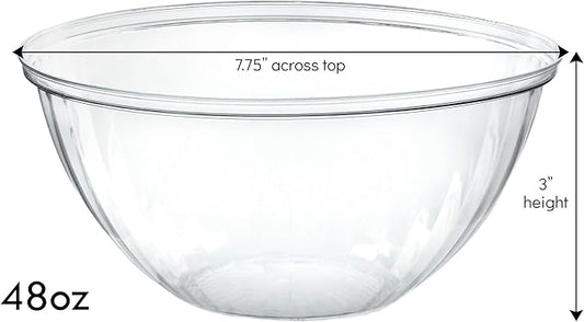 PLASTICPRO Disposable 48 Ounce Round Crystal Clear Plastic Serving Bowls With Lids, Party Snack or Salad Bowl, Chip Bowls, Snack Bowls, Candy Dish, Salad Container Pack of 4