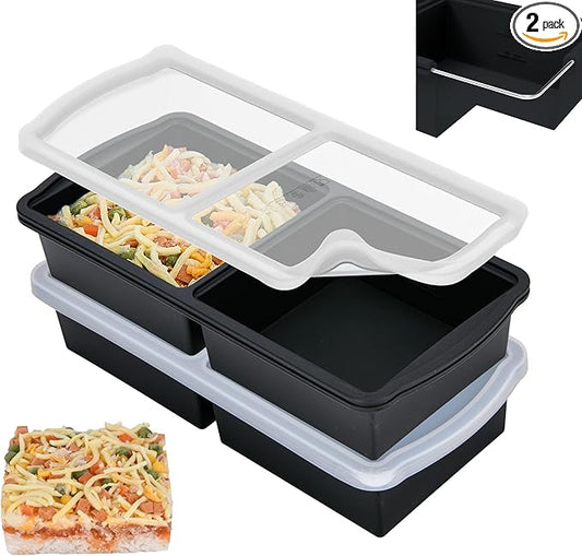 Silicone Freezer Trays with Lid,2-cup Soup Freezer Container large Ice Cube Molds with Reinforced Steel Ring Top for freezing Soup Sauce Broth Leftovers oven Dishwasher -Safe (black)