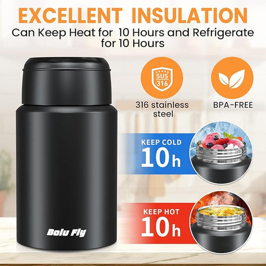 2 Pack Soup Thermo for Hot & Cold Food for Adults, Insulated Food Jar, Stainless Steel Vacuum Thermal Lunch Box Containers with Carry Bag and Spoon (18.5oz, 27oz) (Black)