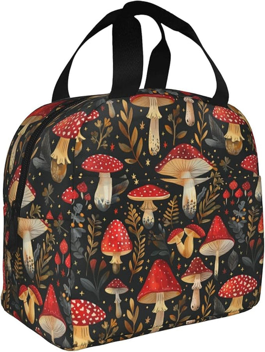 Mushroom Lunch Box Vintage Mushroom Leaf Forest Insulated Lunch Bag for Kids Women Men Reusable Cooler Botanic Lunch Tote Bag with Front Pocket for Girls Boys Students School Picnic Travel Office