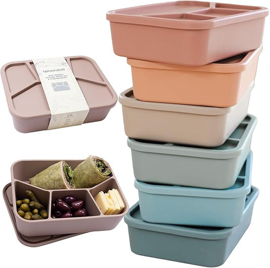 Spoondrift 100% Food Grade Eco-Friendly Leak-Proof Silicone Bento Box Lunchbox, Microwave Safe | For Child And Adult, 4 Compartment, Choose from 6 Colors, Includes 1 Box (Sand)