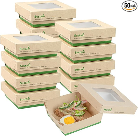 Restaurantware 13 Ounce Bamboo Paper Take Out Boxes, 50 Compostable Containers with Greaseproof Lining and Clear Window Lids