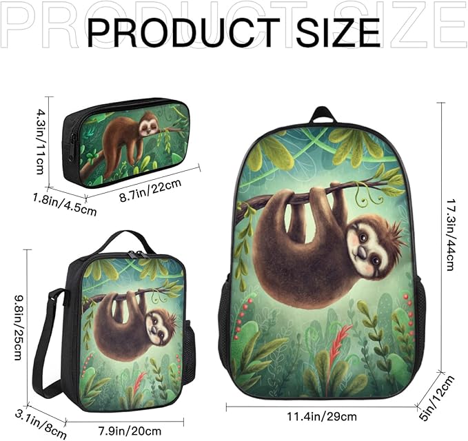 Sloth Backpack, Sloths Backpack Bundle 3 Pieces for Teens, Boys and Girls Sloth Backpack, Butterfly Insulated Lunch Bag and Butterfly Pencil Case Perfect for School and Everyday Use.