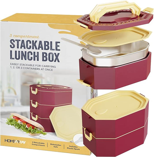 Stainless Steel Stackable Bento Box Adult Lunch Box with Cutlery - Hot/Cold - Separates Ideal Portion Sizes - Reusable Tin Inserts - Dishwasher Safe - Stackable Lunch Container for Adults with Spork
