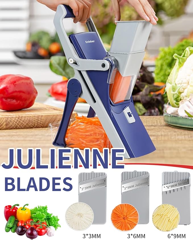 Safe Mandoline Slicer Upright Vegetable Chopper-Julienne Dicer for Kitchen, Potato Slicer, Adjustable Vegetable Cutter with Container, Multifunctional 6 in 1 Food Chopper (Dark Blue)