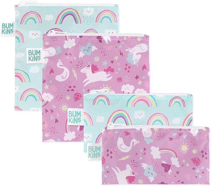Bumkins Reusable Sandwich and Snack Bags, for Kids School Lunch and for Adults Portion, Washable Fabric, Waterproof Cloth Zip Bag, Travel Pouch, Food-Safe Storage, 4-pack Unicorns and Rainbows