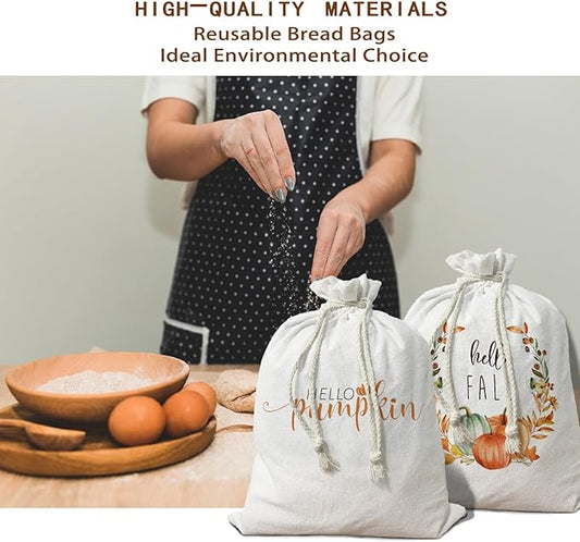 Pumplkin Homemade Bread Bag Box Pouches 2Pcs, Fall Sourdough Baking Supplies, Autumn Linen Reusable Kitchen Bag 15.511.8, Drawstring Closure, Fall Gifts for Women