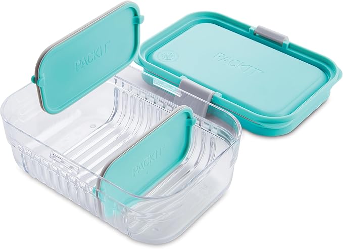 PackIt Mod Lunch Bento Food Storage Container, Mint Green, Shatterproof Crystal Clear Base, with Leak-resistant Dividers and Lid, Microwavable, Dishwasher Safe, Perfect for Meal Prep