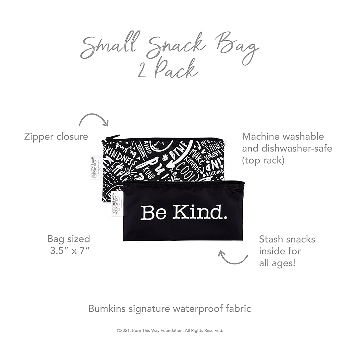 Bumkins Reusable Snack Bags, for Kids School Lunch and for Adults Portion, Washable Fabric, Waterproof Cloth Zip Bag, Supplies Travel Pouch, Food-Safe Storage, 2-pk Born This Way Be Kind