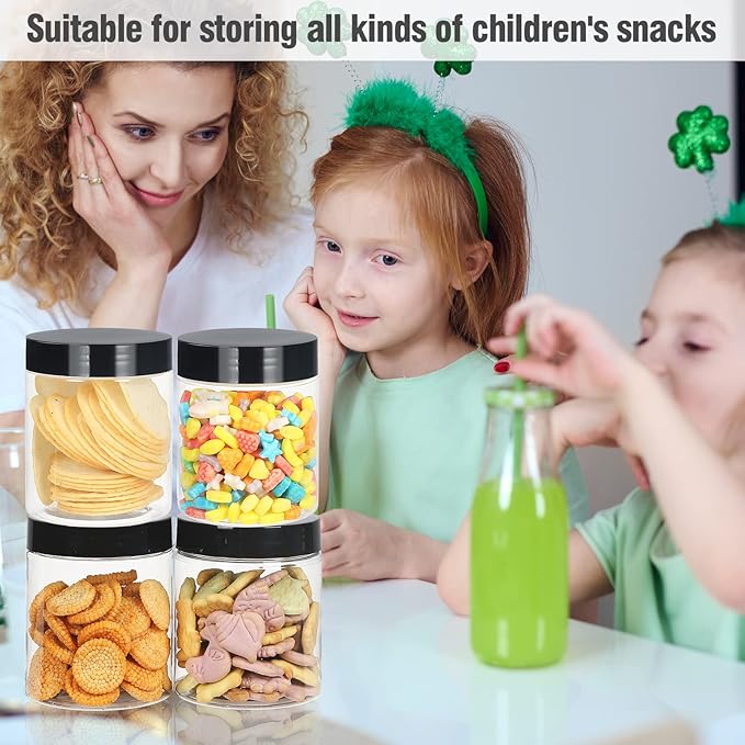 Jars with Lids, 48pcs 8 oz Plastic Containers with Lids Pen Labels Leak Proof BPA Free Airtight Refillable Clear Small Containers Storage Jars for Storing Dry Food Makeup Slime Honey Jam (8oz Black