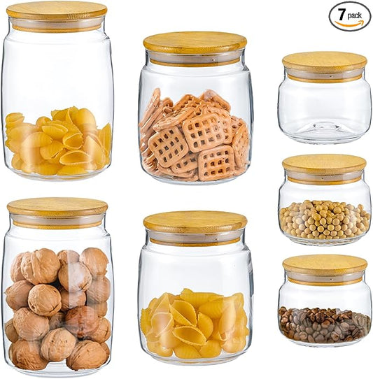 Glass Food Storage Jars with Lids, (40.5oz/29oz/17oz), 7 Packs Hand Blown Glass Storage Containers with Lids,Father's Day Gifts