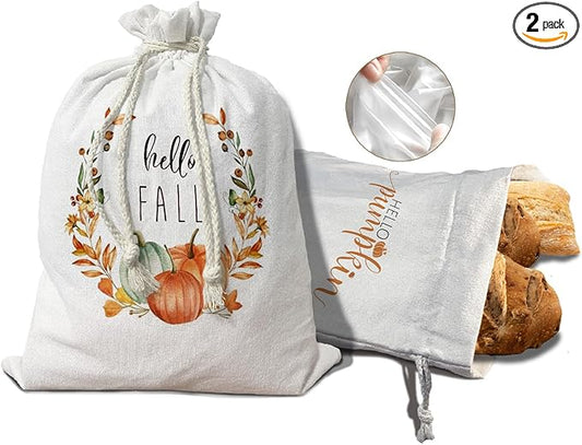 Pumplkin Homemade Bread Bag Box Pouches 2Pcs, Fall Sourdough Baking Supplies, Autumn Linen Reusable Kitchen Bag 15.511.8, Drawstring Closure, Fall Gifts for Women