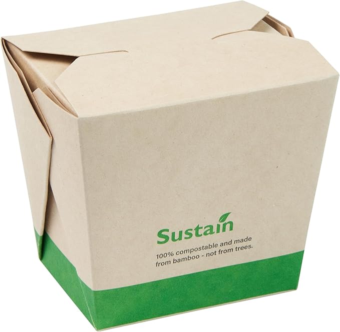 Restaurantware Sustain 16 Ounce Sturdy Paper Take Out Boxes, 50 Disposable Take Out Food Containers - With PLA lining, Compostable, Bamboo Paper Containers, Built-In Tab-Lock Cover, Greaseproof