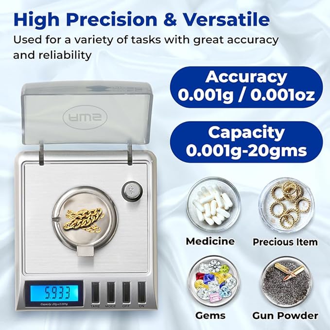 AWS Gemini-20 Milligram Scale 20g x 0.001g – Digital Jewelry/Lab Scale for Powder, Gold, Gems – Includes Calibration Weights, Tweezers & Tray – Tare, Cal, 6 Units, Pocket Size Mg Scale (Silver)