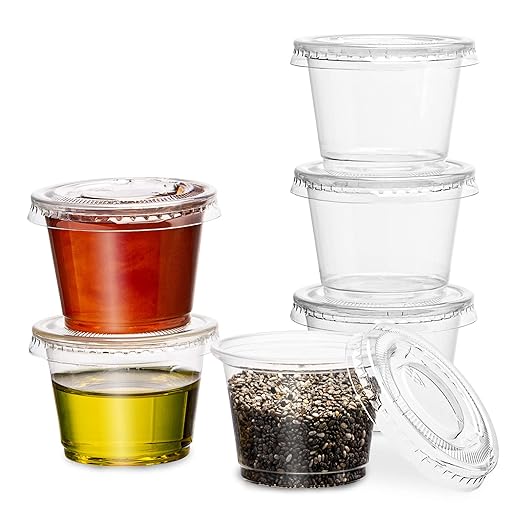 Clear Disposable Plastic Portion Cups With Lids (200 Sets - 1 Oz) - Disposable Condiment Cups, Sauce/Dip/Dressing Cups, Souffle Cups & Jello Shot Cups With Lids | Great Sampling Container