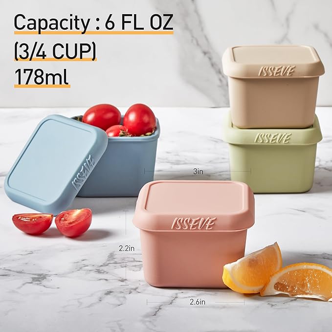 ISSEVE 4pack 6oz Silicone Snack Containers for Kids, Reusable Small Containers with Lids, Leak Proof Food Storage Containers, Children Kids Lunch Box for Daycare, School, Travel (Morandi color)