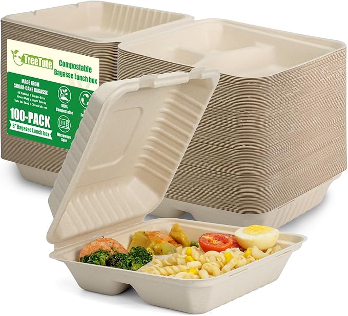 100-Pack [8”X8” 3 Compartment] Clamshell Take Out Food Containers,100% Compostable Disposable To Go Containers,Heavy Duty,Eco-Friendly Biodegradable Bagasse Take Out Boxes for Food(Brown)