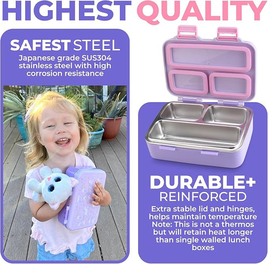 Stainless Steel Lunch Box for Baby Toddlers Girls, Mini Bento, 3 Eco Metal Portion Sections Leakproof Lid, Pre-School Daycare Lunches, Kids Spill-Proof Snack Container, 18 oz/550 mL Purple Unicorn