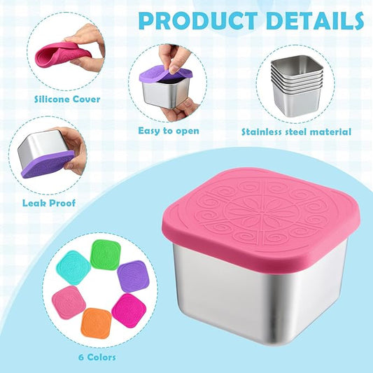 12 Pack 6 oz Stainless Steel Snack Containers Leak Proof Small Metal Food Snack Storage Container with Silicone Lid Stackable Reusable Metal Lunch Boxes for Daycare Travel Picnic Camp