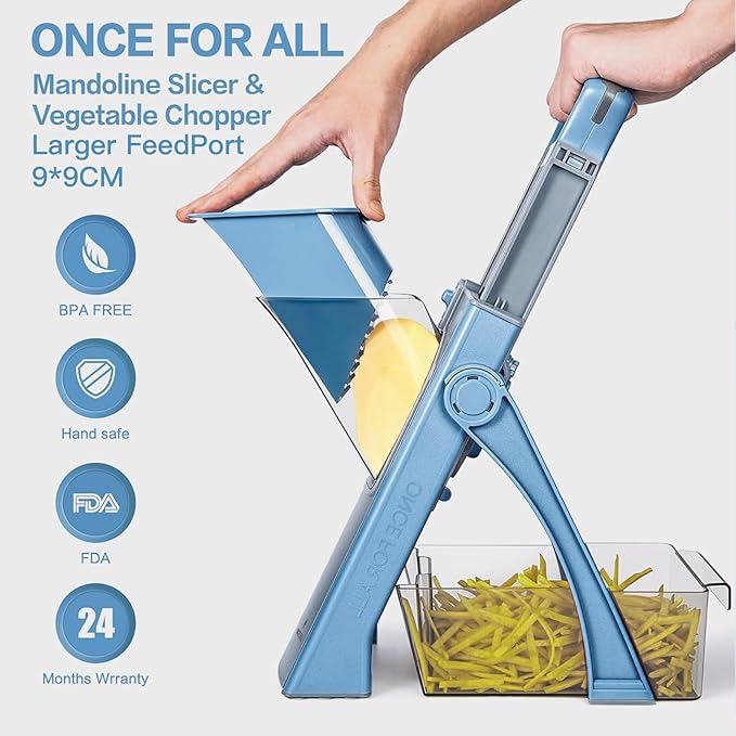 Upgraded Safety Mandoline Slicer, Adjustable Thickness Potato Slicer, French Fries Slicer, 4-in-1 Vegetable Slicer, Removable Easy-to-Clean Kitchen Vegetable Chopper (Blue)