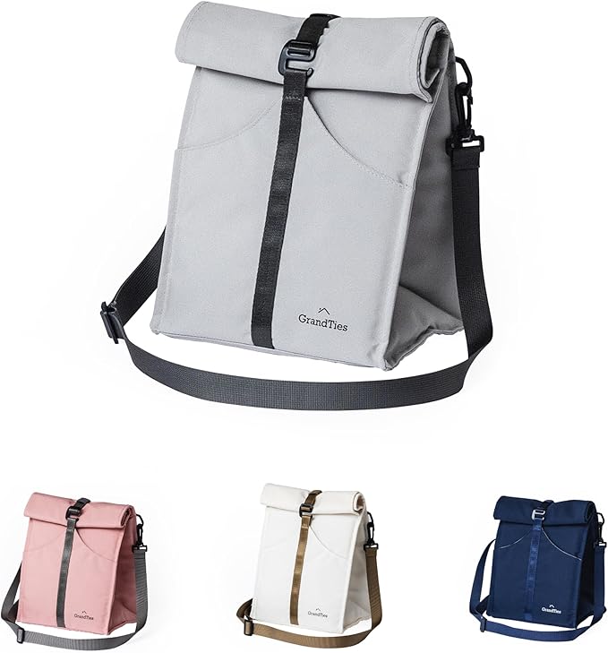 GRANDTIES Insulated Lunch Bag for Women, Men, Adults - Rolltop Leak Proof Meal Prep Lunch Box Containers, Reusable Snack Bags, Travel Cooler, Small Soft Cooler Bag, Fold Top Sandwich Bags, Grey